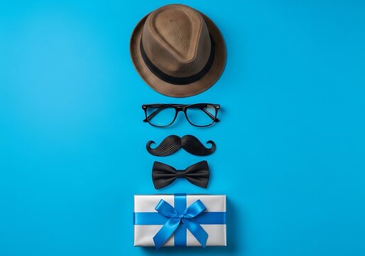 Fathers day gift concept with hat glasses mustache bow tie