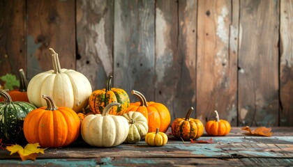 Autumnal still life of pumpkins and fall leaves against a rustic wooden backdrop