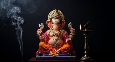 Lord Ganesha Statue with Incense Smoke and Diya Lamp
