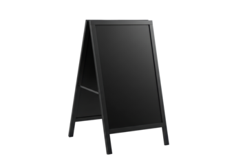 Isolated black sandwich board sign with A-frame design, suitable for restaurants, cafes, or retail shops, standing on a white background