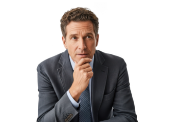 Pensive businessman thinking portrait stock photo image for professional use and design assets, isolated on transparent background