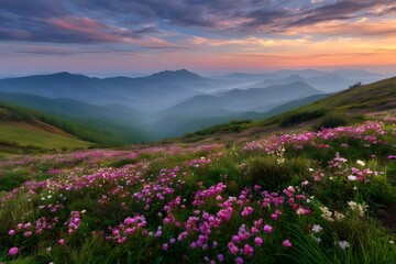Fototapeta premium Vibrant pink flowers bloom in a misty mountain landscape at sunset.