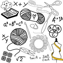 set of doodle elements for design crochet and mathematics 