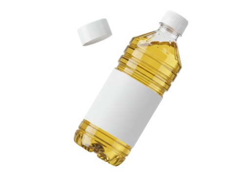 Isolated transparent plastic bottle filled with yellow liquid, unattached white cap, and blank label, against a pure white background, conveying purity and product readiness