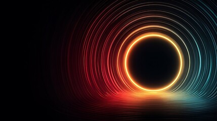 Fototapeta premium Futuristic neon spiral tunnel with dynamic glowing curves, abstract circular vortex design, and spacious left empty area ideal for text placement and digital creative backgrounds.