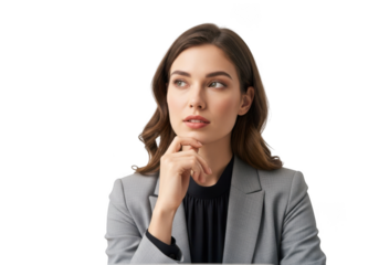 Thoughtful businesswoman in suit posing and looking away, professional woman isolated on transparent background