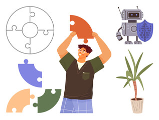 Man lifting puzzle piece to complete diagram, robot with shield representing technology, and potted plant. Ideal for innovation, teamwork, creativity, problem-solving, strategy, protection