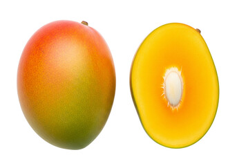 Fresh Tropical Mango: Whole Fruit and Halved with Seed, Isolated on White Background