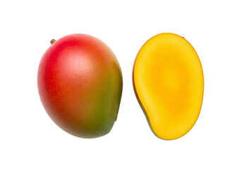 Ripe Tropical Mango: Whole Fruit and Freshly Cut Half Isolated on White Background
