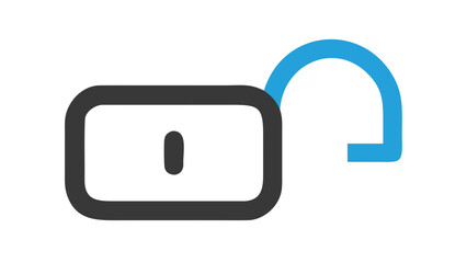 Obraz premium A stylized modern flat design icon representing an unlocked padlock with a gray body and a bright blue shackle isolated on a black background symbolizing security and access