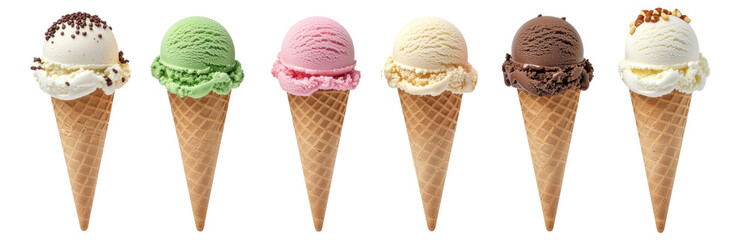 Ice Cream Scoop on Waffle Cone Transparent Background, PNG Cutout. Assorted Flavors Mockup Template for Design.