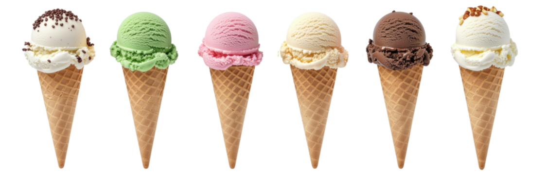 Ice Cream Scoop on Waffle Cone Transparent Background, PNG Cutout. Assorted Flavors Mockup Template for Design.