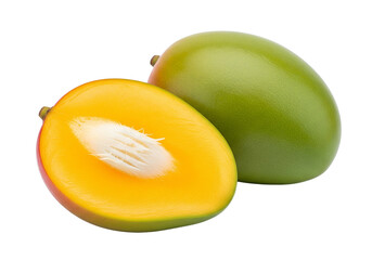 Fresh Tropical Mango: Whole Green Fruit and Sliced Ripe Half with Seed, Isolated on White Background