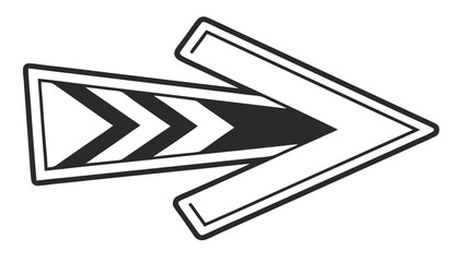 A bold graphic right pointing arrow symbol with a chevron pattern inside a framed shape on a white background representing direction and progress