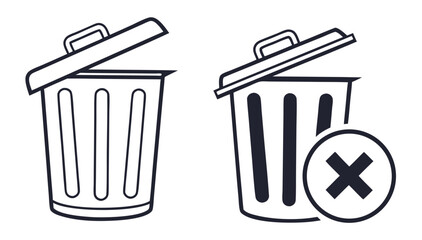 Two simple line art icons of trash cans one with an open lid and the other with a lid and a delete symbol indicating removal or disposal