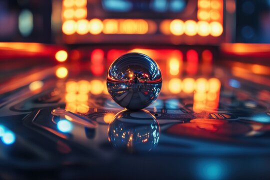 A classic pinball machine glowing under arcade lights, metallic ball in motion, clean and professional composition, copy space, natural color, minimalism, stock photography