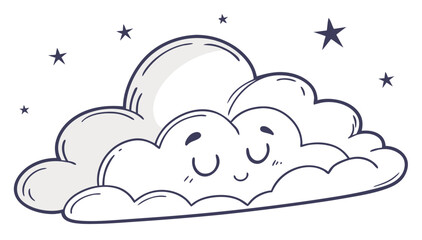 A cute cartoon cloud with a happy sleeping face and closed eyes surrounded by small stars in a simple clean and whimsical illustration style
