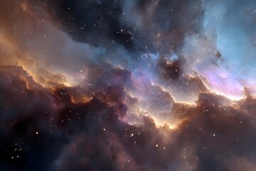 Fototapeta premium Deep blue nebula, vibrant orange clouds, distant stars, cosmic light.