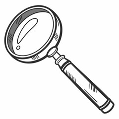 A simple hand drawn illustration of a magnifying glass with a black outline and gray shading on a white background symbolizing discovery and investigation