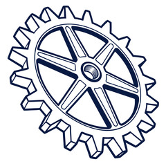 A detailed stylized dark blue line drawing of a single cogwheel with five spokes and a threaded center isolated on a white background conveying mechanical engineering and precision