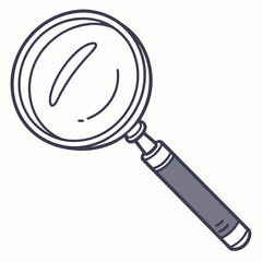 A simple hand drawn illustration of a magnifying glass with a dark gray handle and a thick dark outline on a white background representing search and discovery