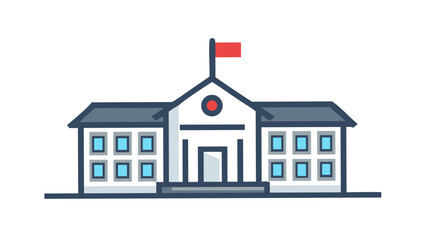 A stylized flat design illustration of a classic school building with a red flag on top featuring symmetrical architecture and multiple windows set against a black background