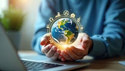 Hands hold planet Earth surrounded by glowing icons representing global eco tech, green solutions, innovation. Focus on sustainability, future energy, recycling, climate responsibility for brighter