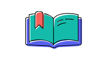 A stylized open book with a red bookmark protruding from the pages rendered in a simple modern flat design with bold outlines and a black background