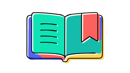 Open book with colorful pages and a red bookmark symbolizing knowledge learning reading education and literature in a simple flat design style