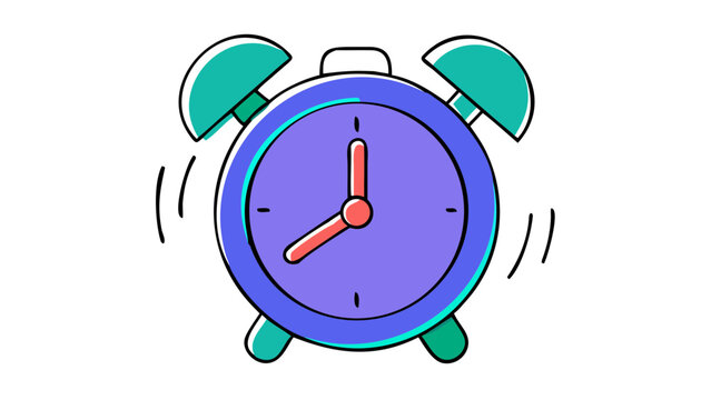 A stylized illustration of a vintage alarm clock with a purple face and teal bells and feet set against a stark black background conveying a sense of retro timekeeping
