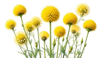 high-resolution photo of Craspedia globosa flowers, also known as billy buttons or drumstick flowers, isolated on a clean white background