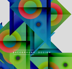 Obraz premium Abstract geometric shapes overlap, creating vibrant colorful background. Gradient hues blend, forming dynamic visual composition.