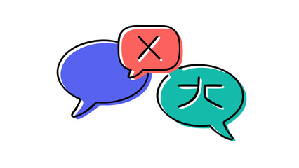 Two colorful speech bubbles one with a red cross symbol and the other with a large asian character symbolizing communication and language barriers or differences