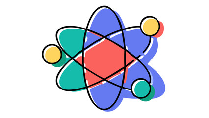 Abstract representation of an atom with orbiting electrons and a central nucleus depicted in a modern colorful and stylized graphic design with a black background