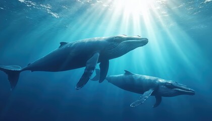 Naklejka premium Two blue whales swim gracefully underwater illuminated by sun rays piercing ocean depths. Illustration highlights marine wildlife, promoting environmental protection, beauty of aquatic fauna.