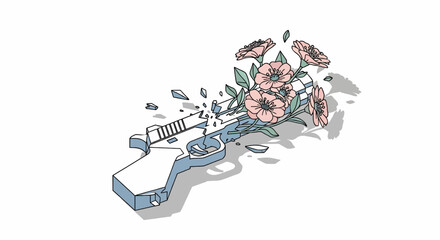 Broken Gun with Blooming Flowers Vector Illustration