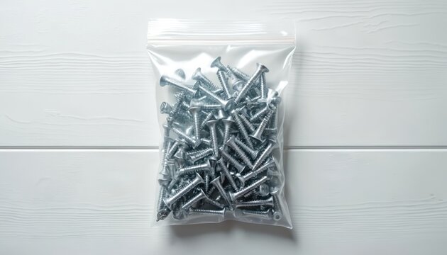 Metal screws contained in clear plastic bag, isolated on white wooden background. Fasteners with crosshead slots, ideal for construction, DIY projects, and hardware supplies.