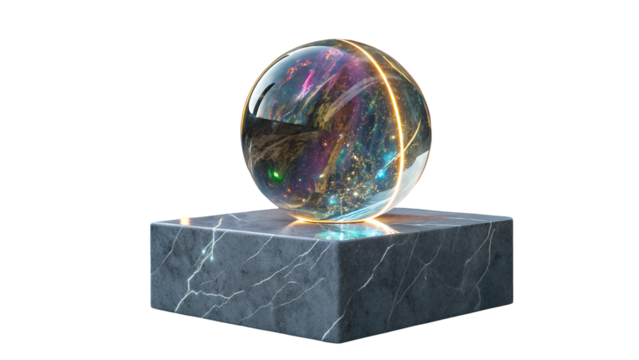 Celestial sphere glowing with cosmic nebulae and golden light on marbled pedestal isolated on a transparent background
