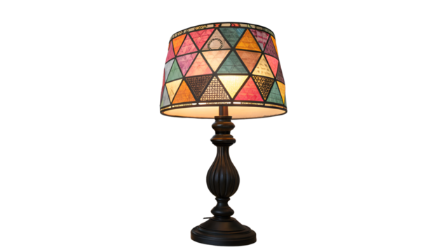 Colorful geometric patterned lampshade on ornate black lamp base isolated on a transparent background
