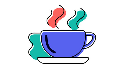 A stylized illustration of a blue coffee cup with vibrant pink and teal steam rising from it set against a stark black background