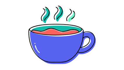 A vibrant and stylized illustration of a blue coffee cup filled with a pink liquid and topped with a turquoise layer emitting teal steam against a stark black background evoking warmth and comfort