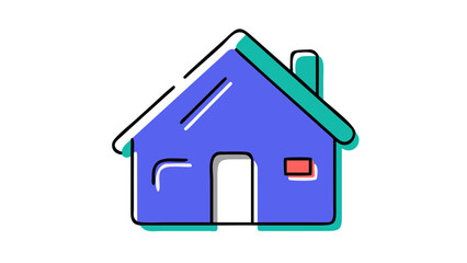 A simple stylized cartoon illustration of a purple house with a teal roof and chimney featuring a white door and a small red window set against a black background