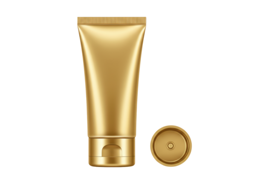 Isolated Golden Cosmetic Tube Mockup with Cap, Perfect for Beauty Product Presentation, Ready for Brand Placement, and Detailed Product Showcase
