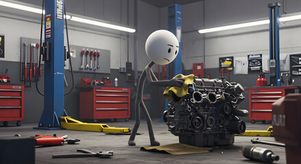 Animated character cleaning car engine in a professional auto repair garage