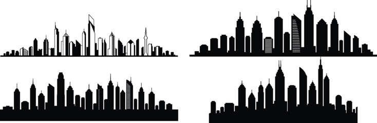 Fototapeta premium Dynamic urban cityscape silhouette with towering skyscrapers, ideal for modern design, architecture, and business concepts.