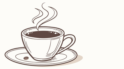 A simple line drawing of a steaming cup of coffee with a single coffee bean on the saucer perfect for cafe menus or beverage advertising