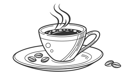A steaming cup of black coffee sits on a saucer with coffee beans presented in a charming hand drawn sketch style perfect for cafe or beverage themes