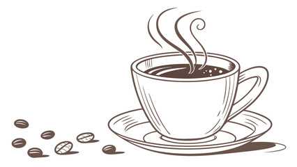 A simple hand drawn sketch of a steaming cup of coffee on a saucer with scattered coffee beans on a white background perfect for cafe menus or beverage advertising