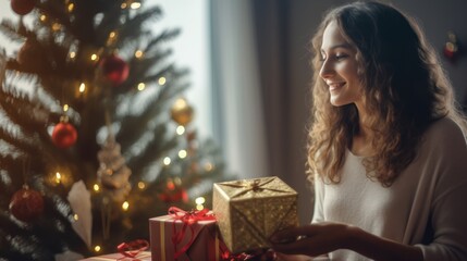 Beautiful woman celebrating Christmas at home. Girl in a seasonal winter interior. The concept of holidays.