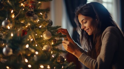 Beautiful woman celebrating Christmas at home. Girl in a seasonal winter interior. The concept of holidays.